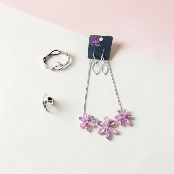 paparazzi Jewelry - Paparazzi Jewelry Set Pink Purple Oil Spill Flower Necklace Earrings Ring NWT